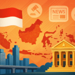 Peta Indonesia dengan bendera merah putih, gedung pemerintahan, dan simbol berita, melambangkan dinamika nasional dan isu terkini.
