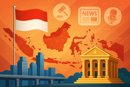 Peta Indonesia dengan bendera merah putih, gedung pemerintahan, dan simbol berita, melambangkan dinamika nasional dan isu terkini.